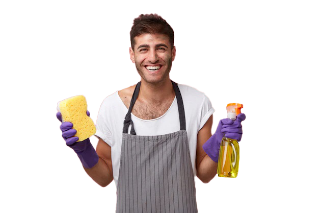 handsome young caucasian male from cleaning service ready tidying up your apartment until it is as neat as wax equipped with detergent sponge looking with happy c