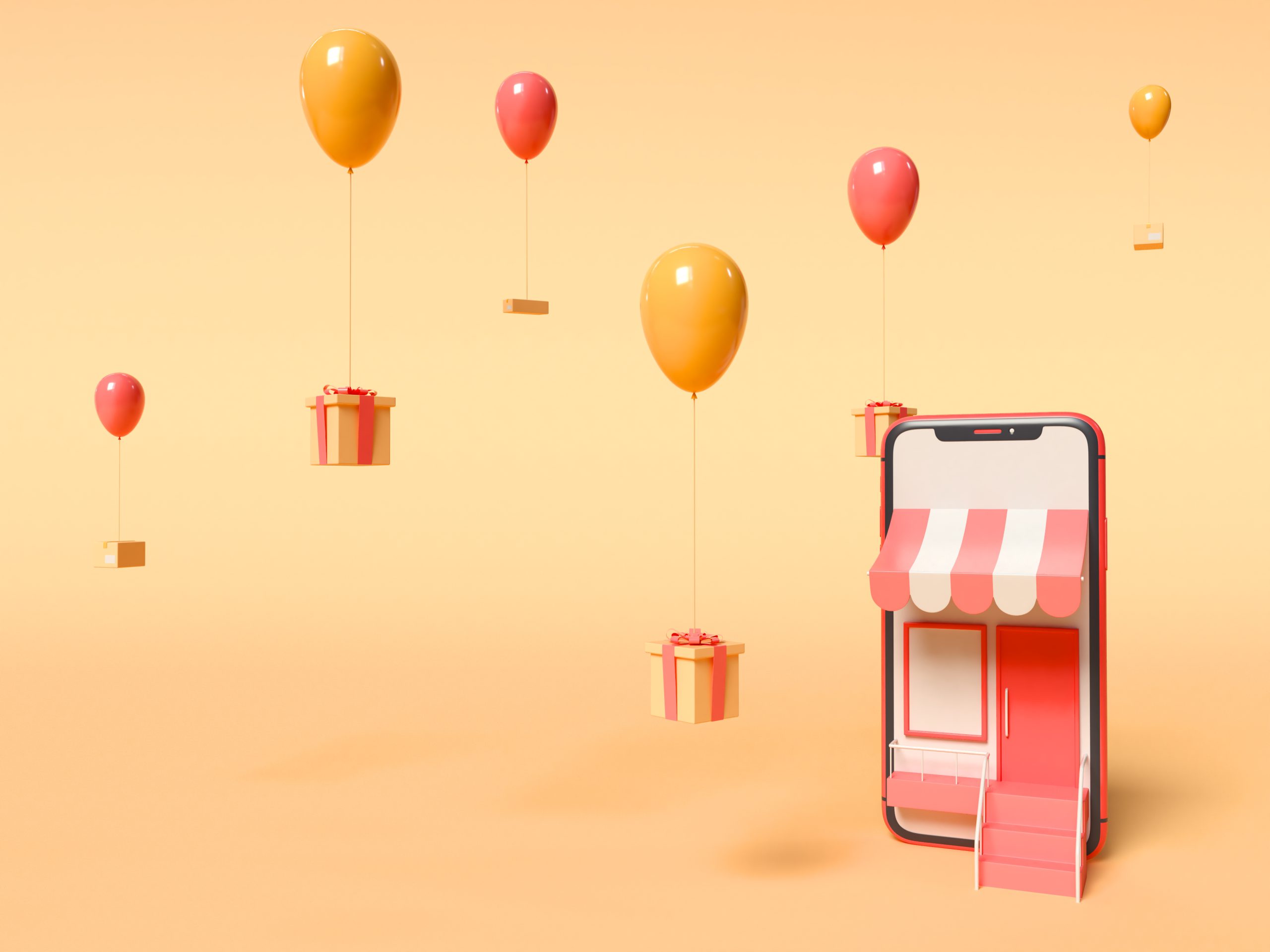 3d illustration smartphone gift boxes tied balloons while floating sky online shopping deliver service concept scaled