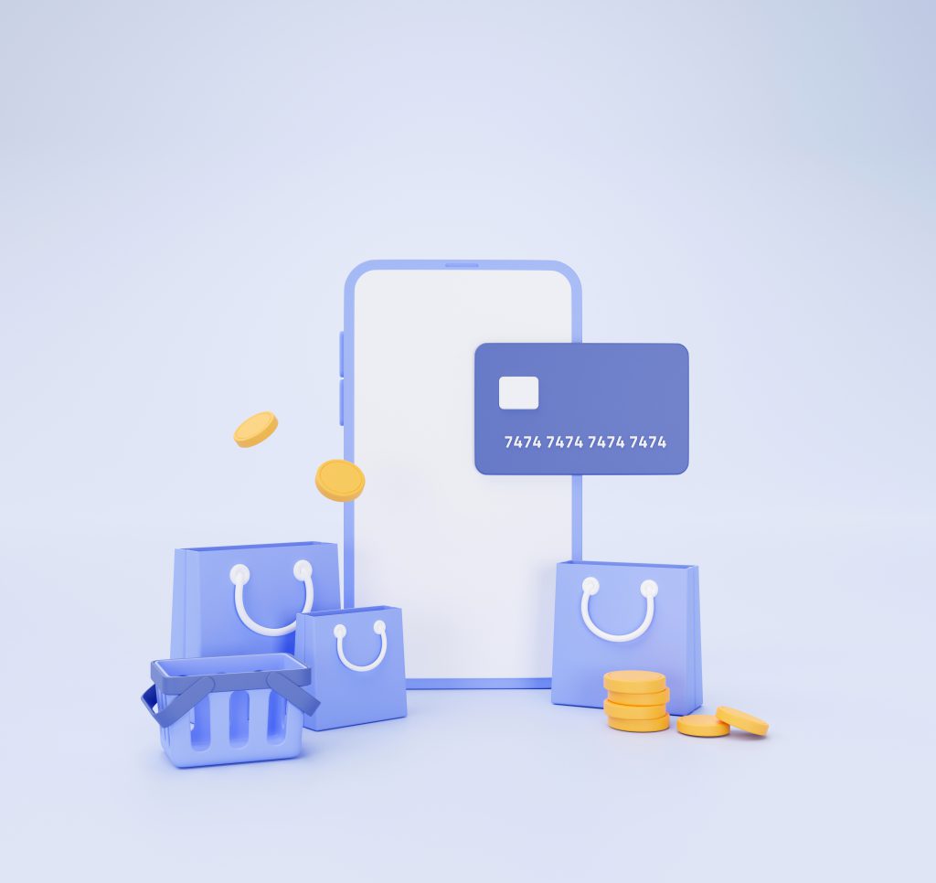 smartphone with credit card online purchase shopping bag basket ecommerce concept blue background 3d illustration
